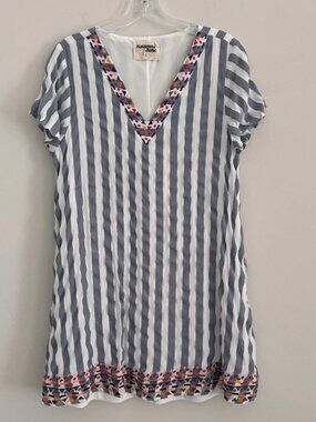 Savanna Jane Striped Embroidered Dress Women's Size L V-Neck Boho Blue White